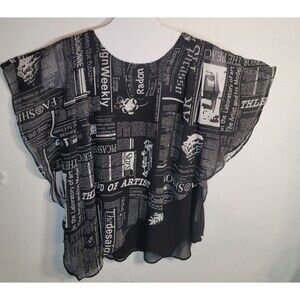 Neo Noble Layered Sheer Top Womens Black Graphic Print Asymmetrical Flowy sz L